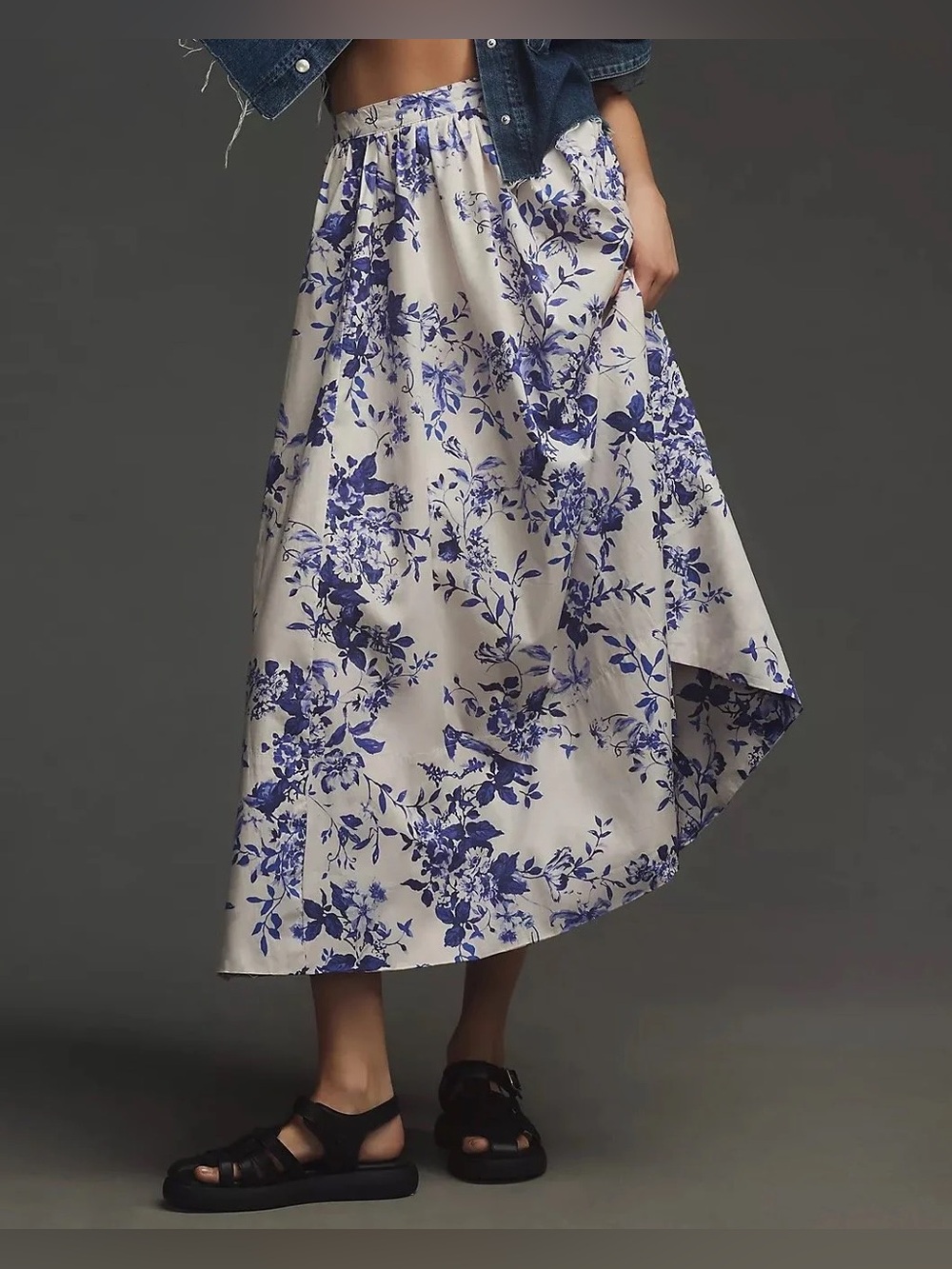 By Anthropologie Skirt Womens Small Blue Floral Midi Pockets Jacie Cotton Pocket